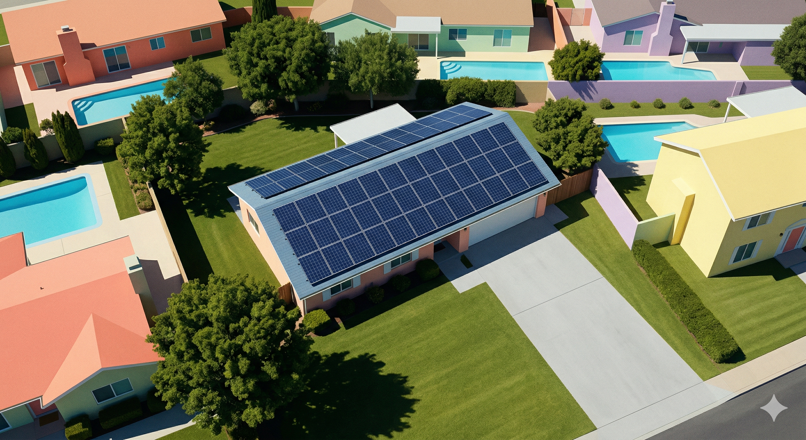 Aerial view of home with solar panels